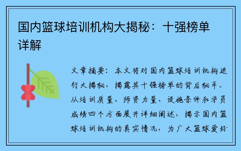 国内篮球培训机构大揭秘：十强榜单详解