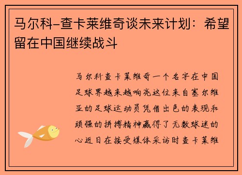 马尔科-查卡莱维奇谈未来计划：希望留在中国继续战斗
