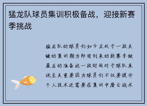 猛龙队球员集训积极备战,迎接新赛季挑战